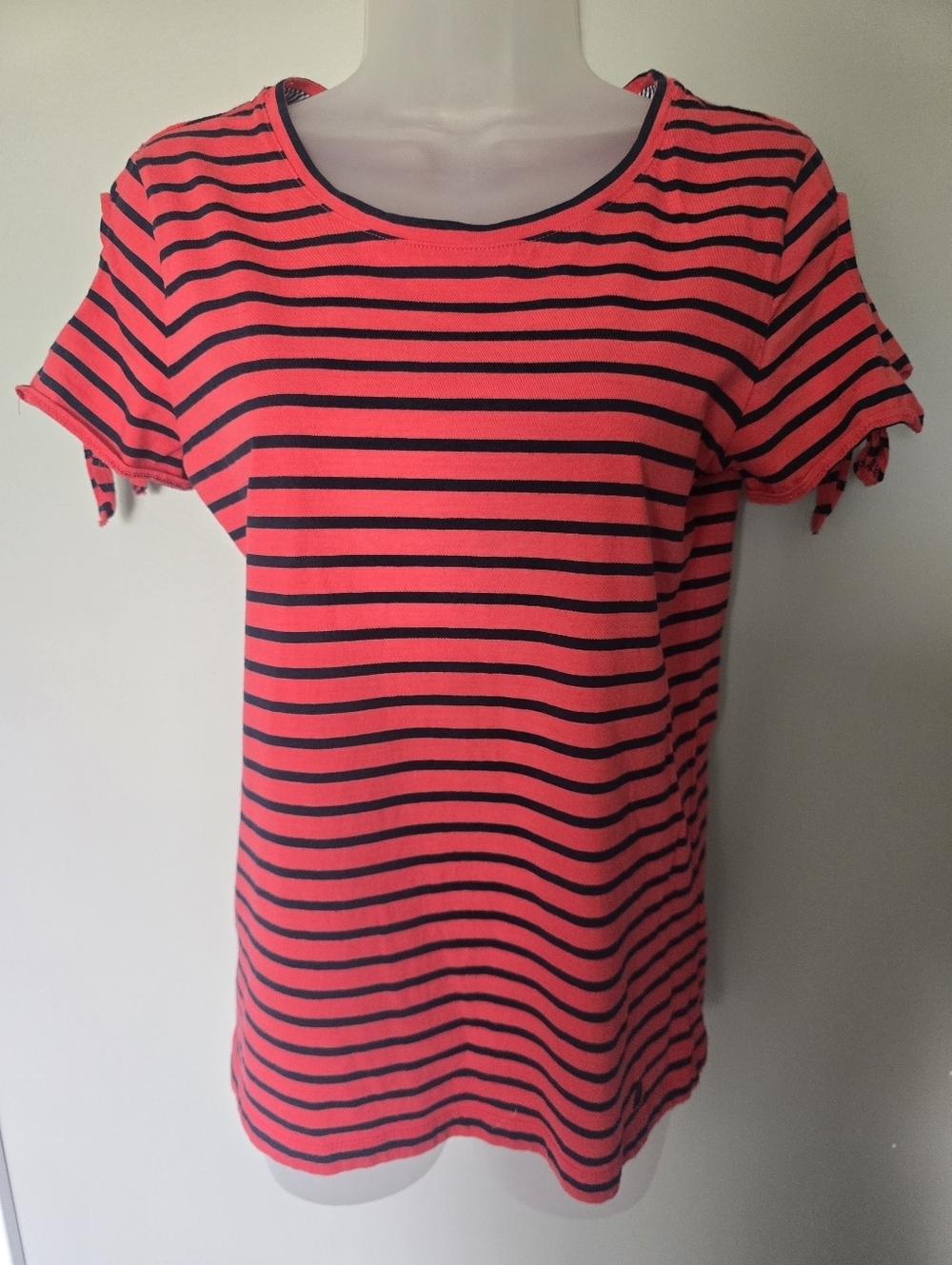 Nautica Womens Short Tie Sleeve Striped Tee Small Pink/navy 100% Cotton